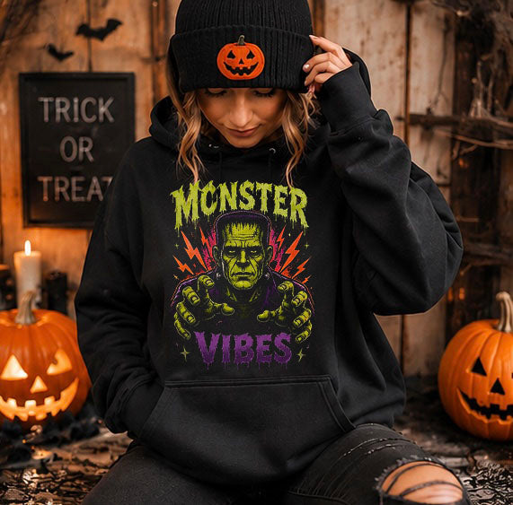 Monster Vibes Halloween
graphic hoodie with colorful Frankenstein design